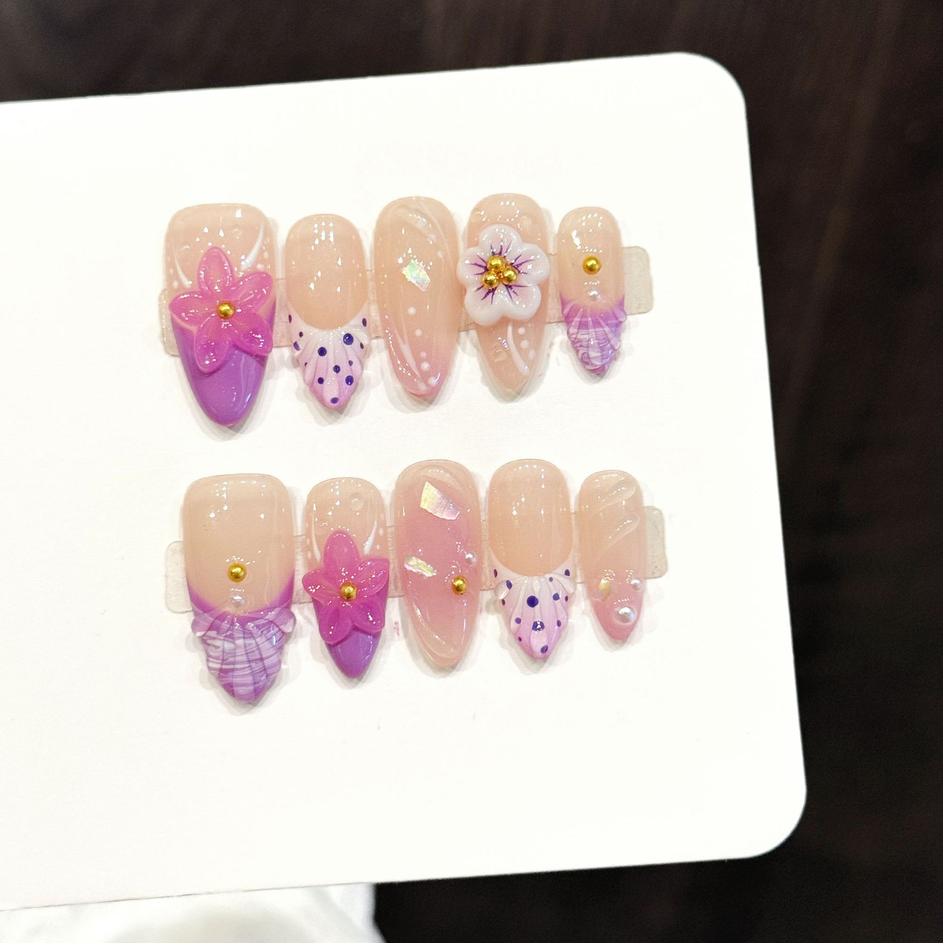 Resin Art Of Flowers - 10pcs Pure Hand Pressed Almond Nail