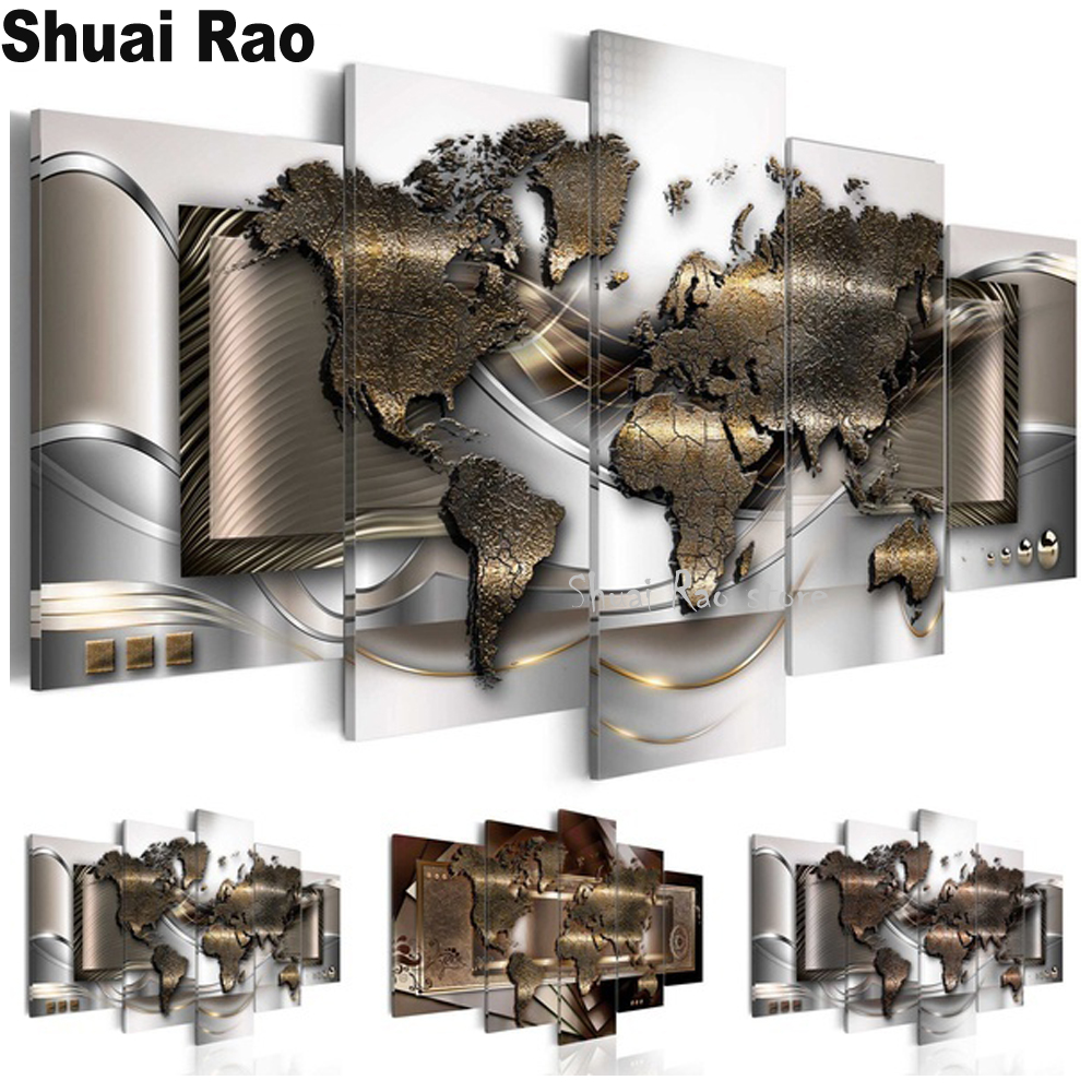 Resin Art World - 5 Panel World Map Modular Diamond