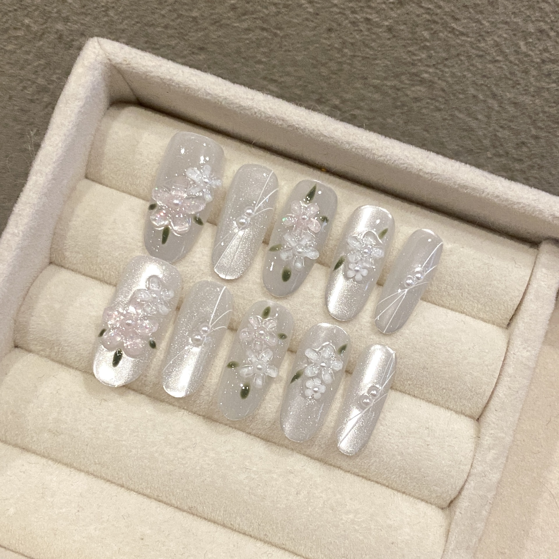 Resin Art Of Flowers - 10pcs Glitter Sliver Press On Nails