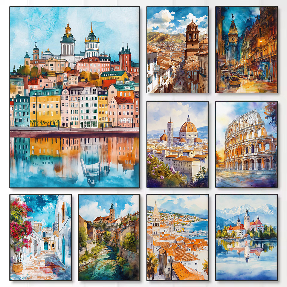 Resin Art World - Retro Watercolor European Travel Cities World